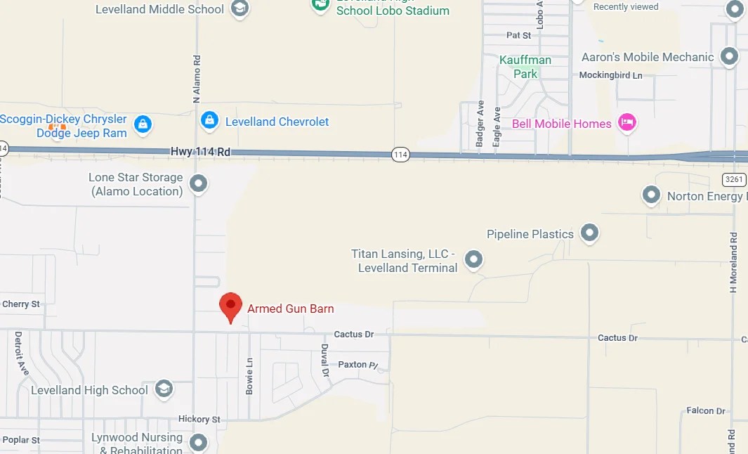 Map showing Armed Gun Barn on Cactus Dr in Levelland, Texas